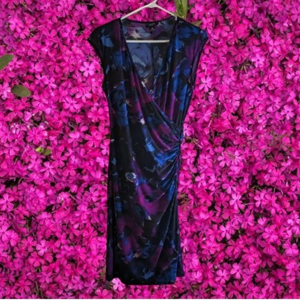Chaps medium sleeveless faux wrap polyester blend stretch floral woman's dress.
